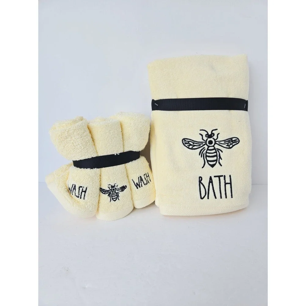 Rae Dunn Yellow Black Wash Cloths x6 + Hand Towel bee NEW